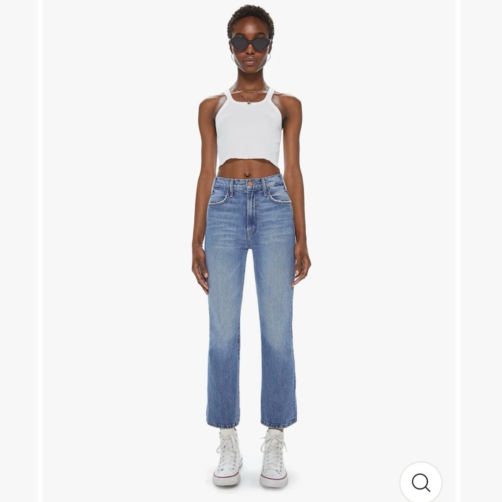 MOTHER The Hustler Ankle in Scenic Route. Light Blue Straight Leg Jeans